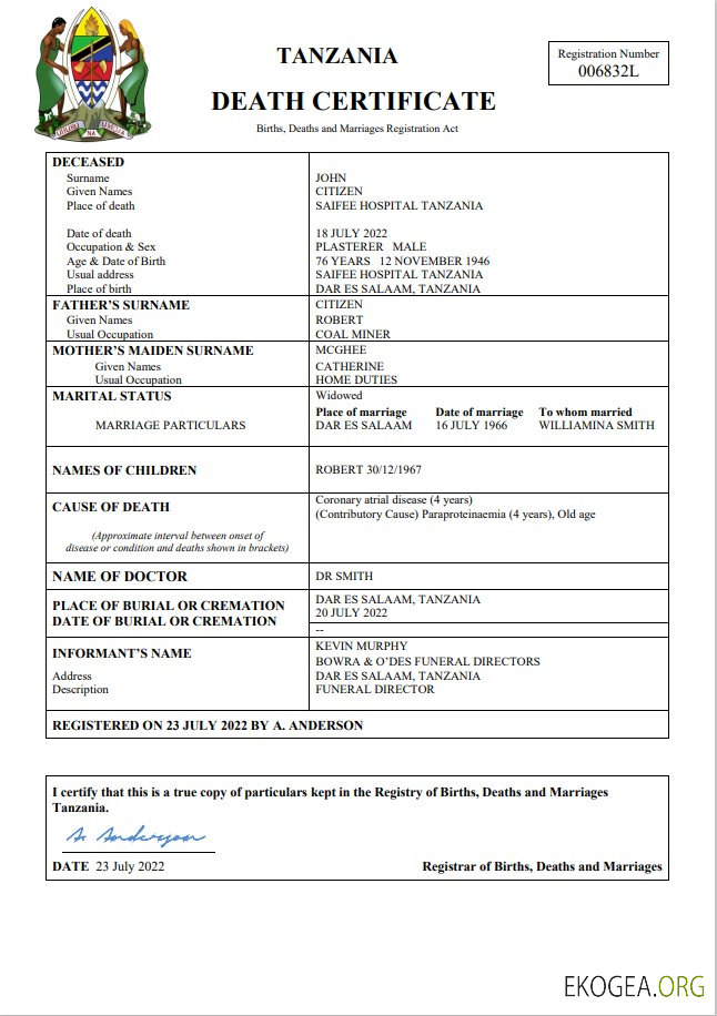 Modèle Word et PDF de certificat de décès de l'état civil de la Tanzanie